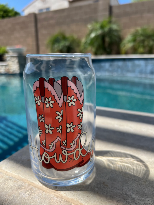 16oz Glass Orange Red Howdy Boots Cup